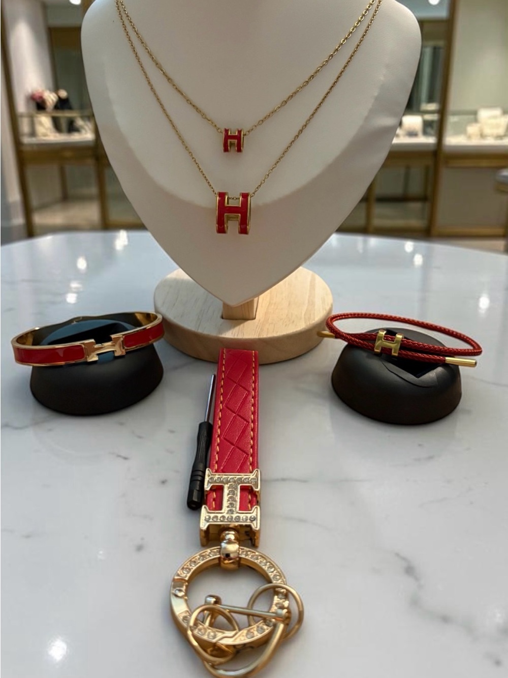Gold-Tone Red Enamel Pendant Necklaces & Bracelet Set